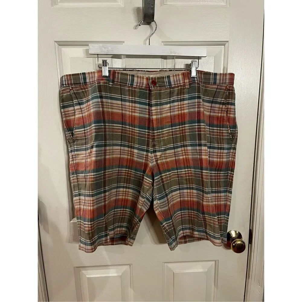 Tommy Bahama Orange Plaid Linen Lyocell Blend Bermuda Shorts sz 42 EUC
